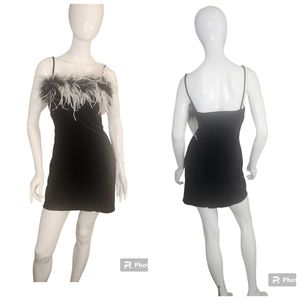 Vintage Althuser Black and White Feather Trim Velvet Form Fitted 90s Dress USA